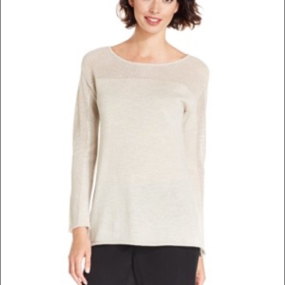Eileen Fisher Contrast Knit Tunic Sweater wool pullover neutral beige